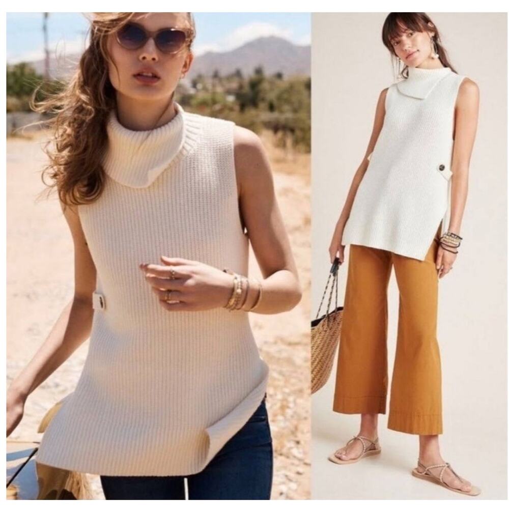 Anthropologie Alexa Split Hem Sleeveless Tunic Sweater Cream Boho Summer Beach S